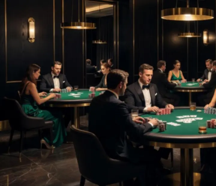 Luxusní pokerový večer s elegantním stolem a hosty
