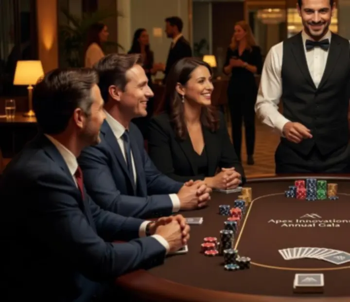 Elegantní pokerový stůl na firemním večírku s dekorativními žetony