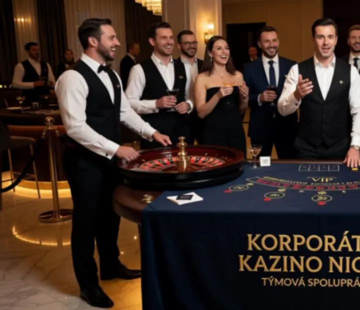 Firemní tým u ruletového a blackjack stolu během společenské akce